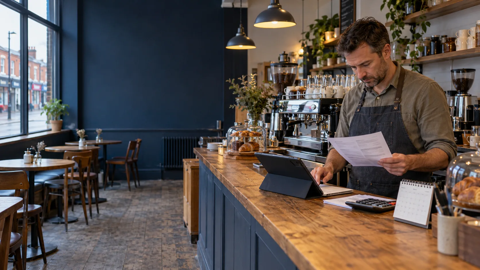 Business owner reviewing energy renewal paperwork
