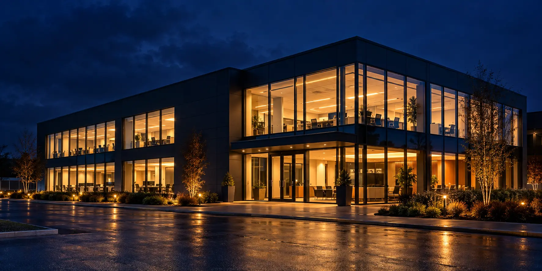 Modern commercial office building with illuminated workspaces