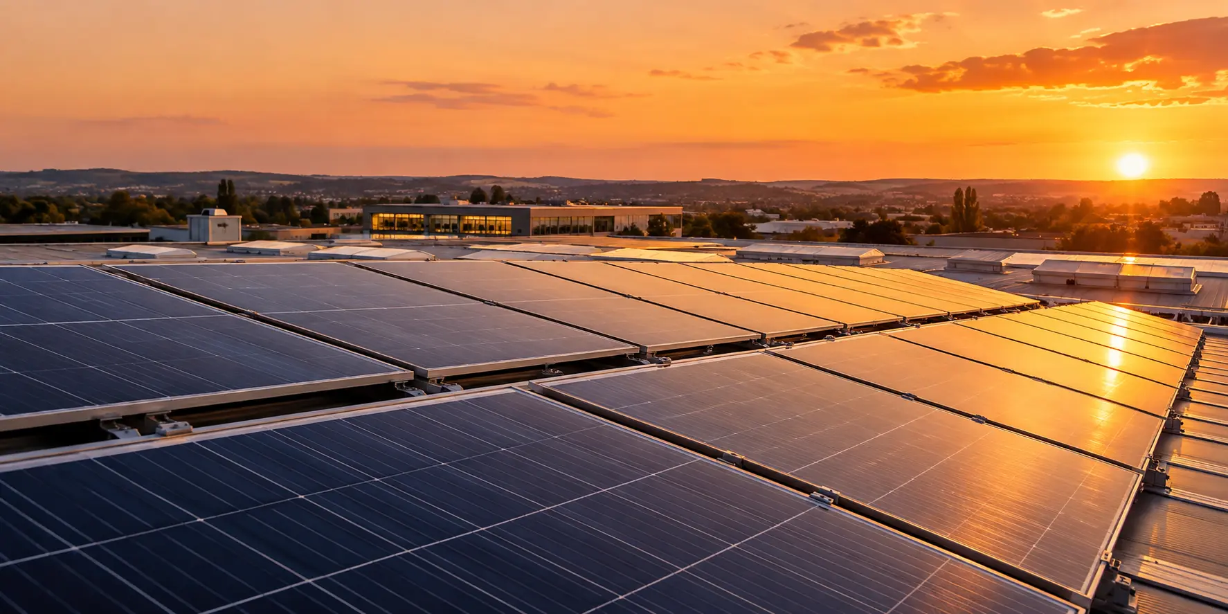 Solar panels on a commercial rooftop at sunset