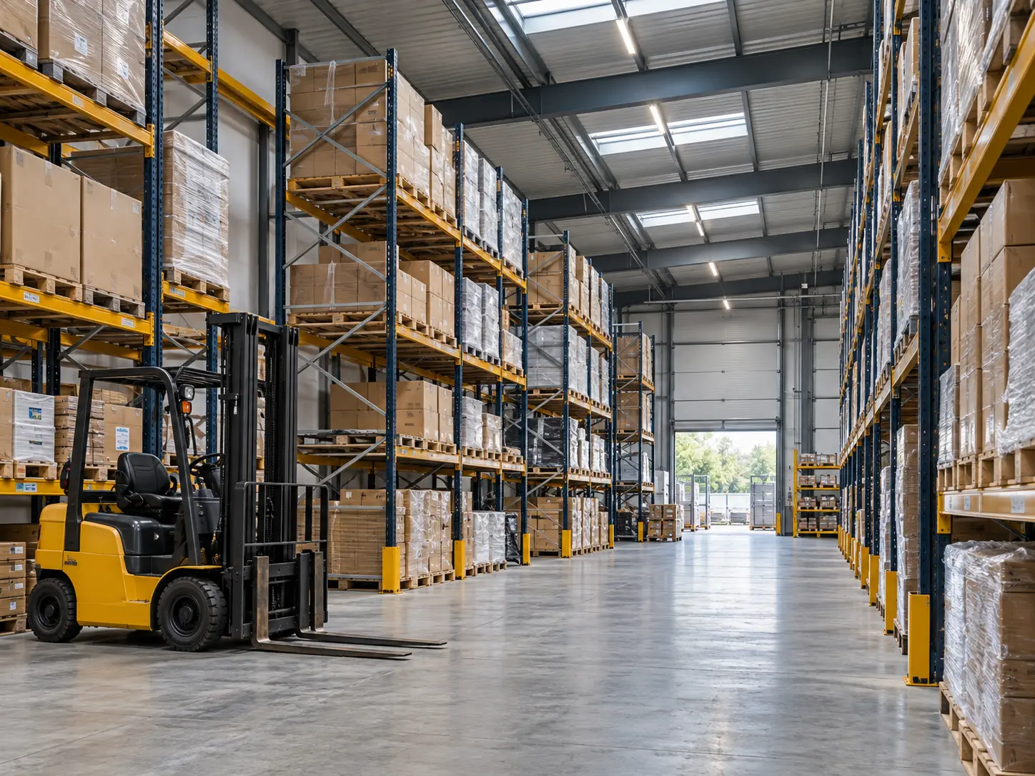 Commercial warehouse with storage racks and a parked forklift