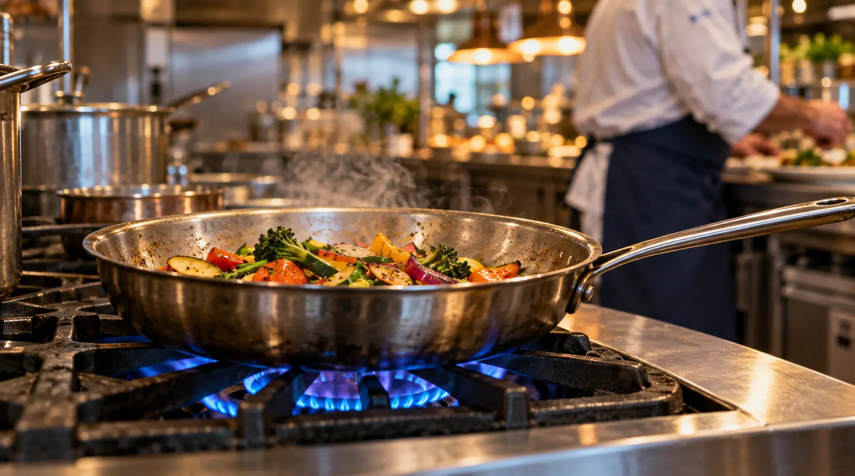 Chef cooking with a frying pan over a commercial gas hob