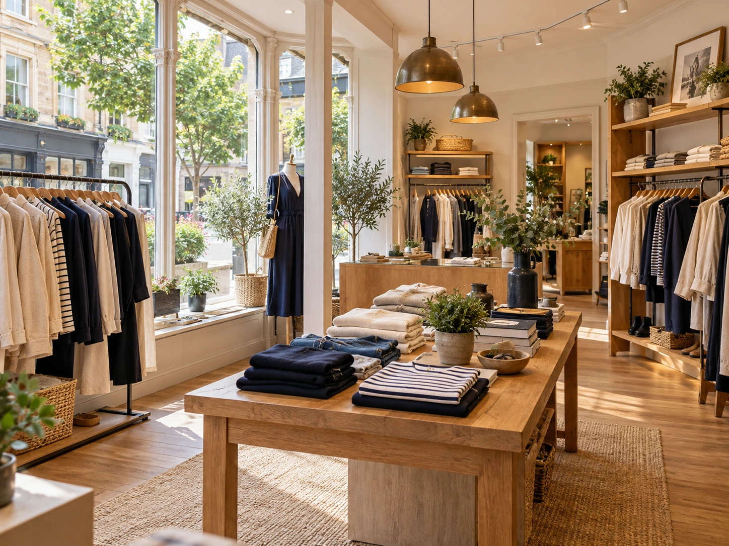Independent clothing shop with display lighting and clothing rails